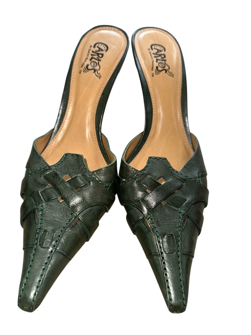 Carlos Carlos Santana Dark Green Woven Pointy Toe 3 “ Heel Mule Y2K Size 7.5 - Picture 4 of 9